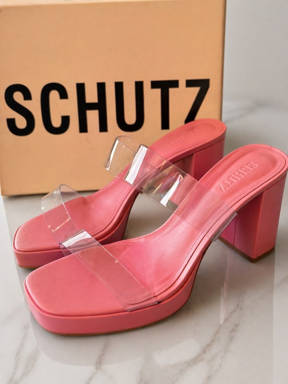 New in Box!$158 Schutz Pink Block Heel Slide Sandals with Clear Straps sz 10 HOT